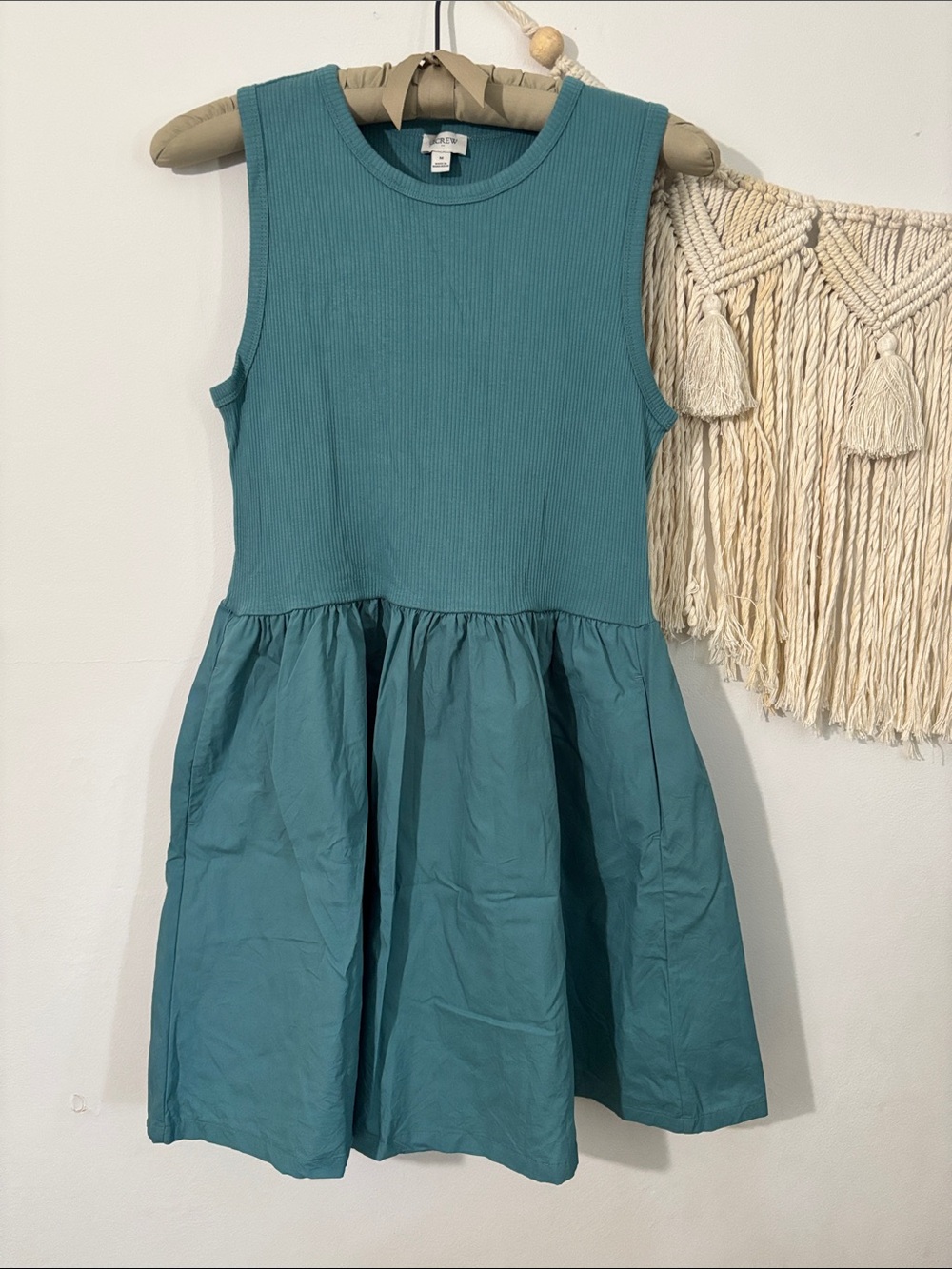 J. Crew Teal Sleeveless Ribbed Bodice Gathered Skirt Dress With Pockets